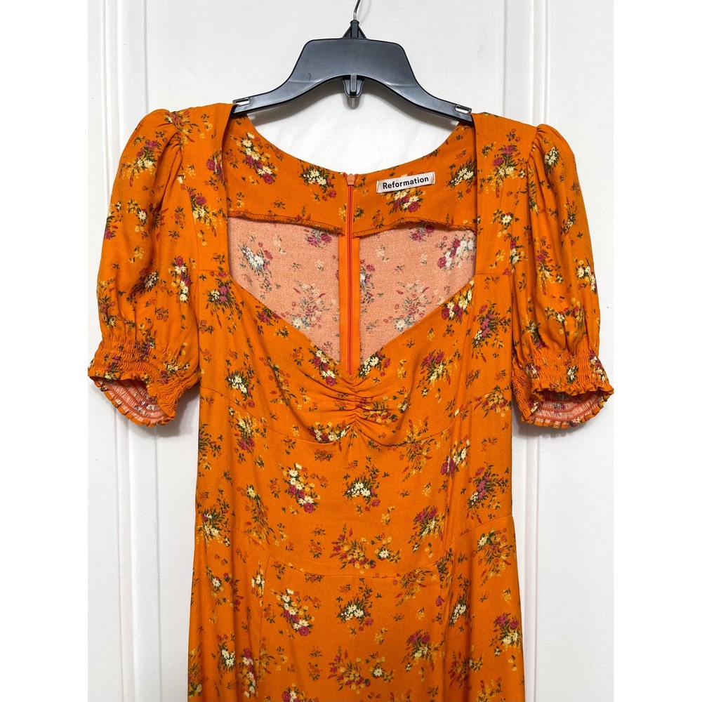 Reformation Lacey Dress Orange Ditsy Floral Puff Sleeve Midi Slit Size 6 - Picture 12 of 13